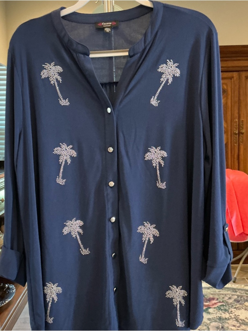 Navy Button-Front Top with Rhinestone Palm Trees